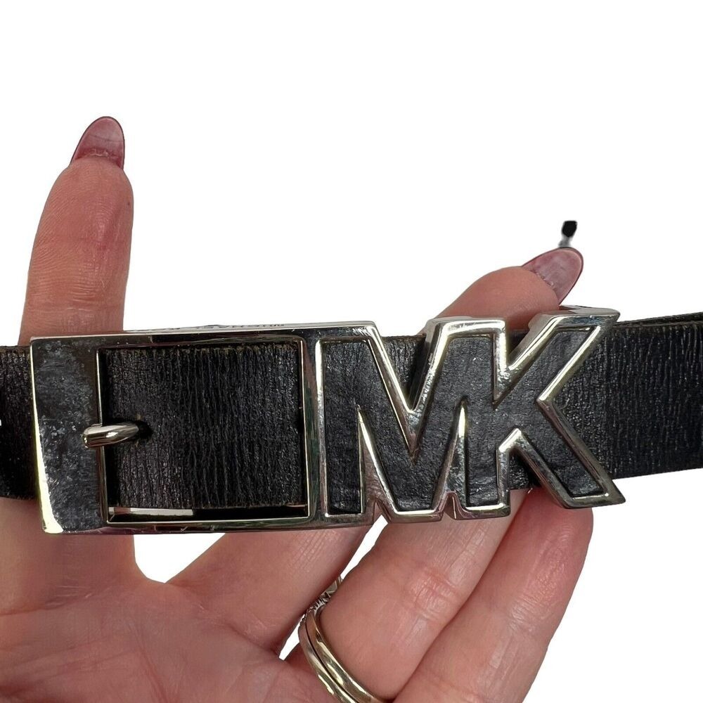 Michael Kors Size M Belt Black Brushed Leather Distressed Adjustable Silver Tone